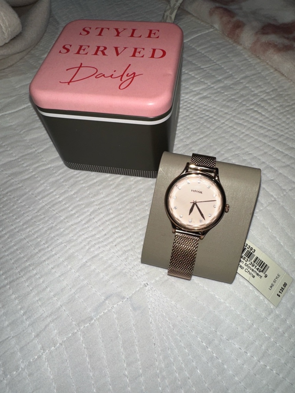 Fossil Rose Gold Mesh Bracelet Watch with Crystal Markers